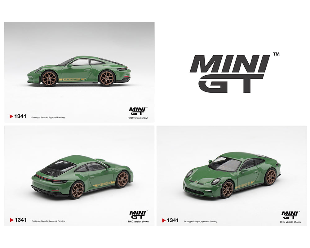 MINI GT 1:64 Porsche 911 Carrera T in Shade Green featuring gold Carrera side stripes, bronze multi-spoke wheels, black rear diffuser, dual exhaust tips, and clear engine cover. Prototype diecast model shown from multiple angles, RHD version, product code MGT01341-BL.