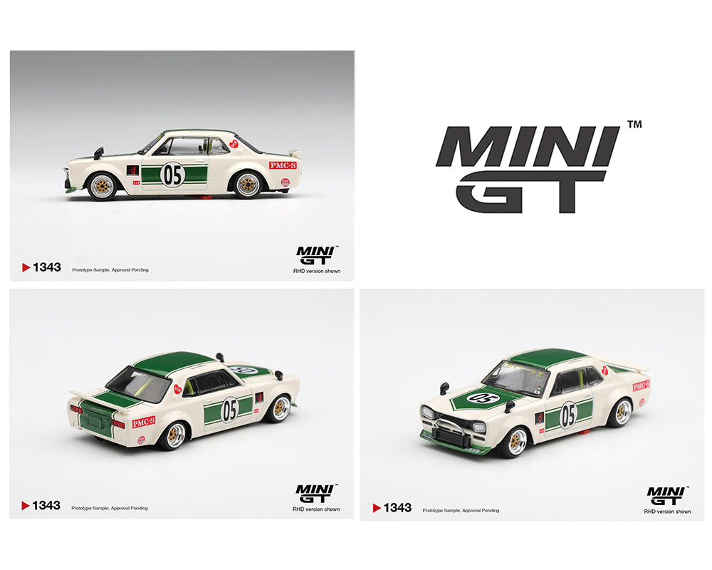 A product collage showing a Mini GT diecast model car from three angles on a light gray background, alongside the large Mini GT logo. The car is white with a green roof and side stripe, number 05 on the side, and red racing decals.