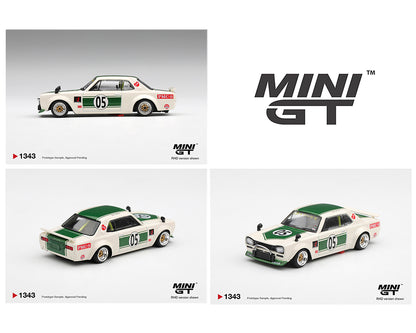A product collage showing a Mini GT diecast model car from three angles on a light gray background, alongside the large Mini GT logo. The car is white with a green roof and side stripe, number 05 on the side, and red racing decals.