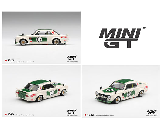 A product collage showing a Mini GT diecast model car from three angles on a light gray background, alongside the large Mini GT logo. The car is white with a green roof and side stripe, number 05 on the side, and red racing decals.