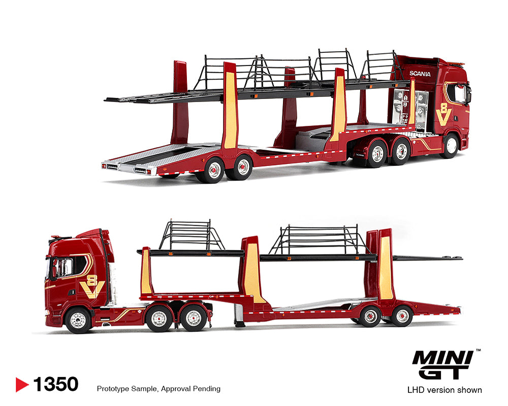 A red and gold Mini GT scale model of a Scania double car carrier trailer truck, shown from two angles (front-three-quarter and side) on a white background with 'MINI GT' and 'LHD version shown' text in the bottom right corner.