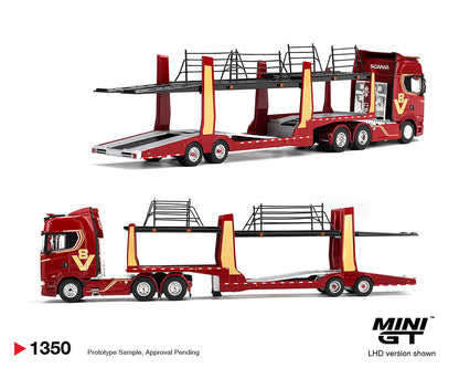 A red and gold Mini GT scale model of a Scania double car carrier trailer truck, shown from two angles (front-three-quarter and side) on a white background with 'MINI GT' and 'LHD version shown' text in the bottom right corner.