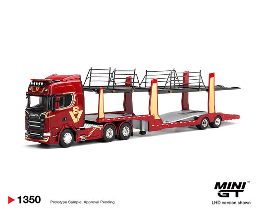 A red and gold Volvo LHD truck model with a long double carrier trailer, shown on a clean white background. The image includes Mini GT branding and a text overlay indicating it is a 1350 Prototype Sample with approval pending.