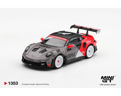 MINI GT 1:64 Porsche 911 GT3 RS STAPLE Racing Livery MGT01353-BL Grey Red Black Diecast Model Car Front Three Quarter View with White Multi-Spoke Wheels, Carbon Black Roof and Large Rear Wing