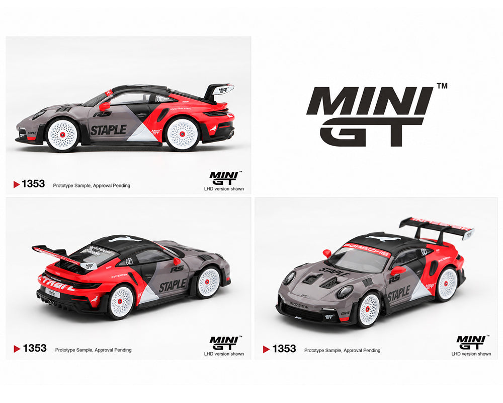 MINI GT 1:64 Porsche 911 GT3 RS STAPLE Racing Livery MGT01353-BL Grey Red Black Diecast Model Car with White Wheels, Large Rear Wing and Front, Side and Rear Views