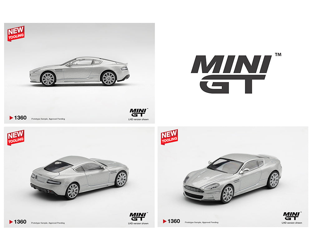 Three views of a silver Mini GT model car on a white background, with the large MINI GT logo and small red 'NEW TOOL kit' badges. The top-left view shows the side profile, the bottom-left shows the rear three-quarter view, and the bottom-right shows the front three-quarter view.