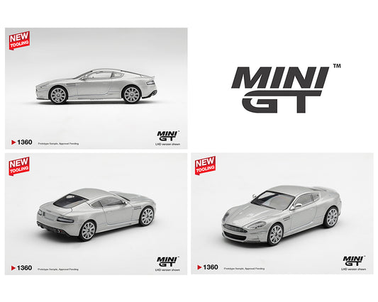 Three views of a silver Mini GT model car on a white background, with the large MINI GT logo and small red 'NEW TOOL kit' badges. The top-left view shows the side profile, the bottom-left shows the rear three-quarter view, and the bottom-right shows the front three-quarter view.