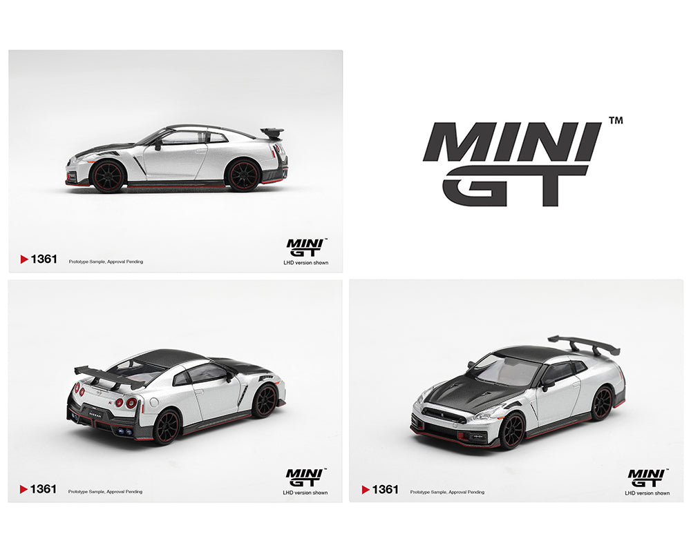 A collage showing three views of a silver and black Nissan GT-R model car with the MINI GT logo on a white background. The top-left view shows the side profile, the bottom-left shows the rear three-quarter view, and the bottom-right shows the front three-quarter view.