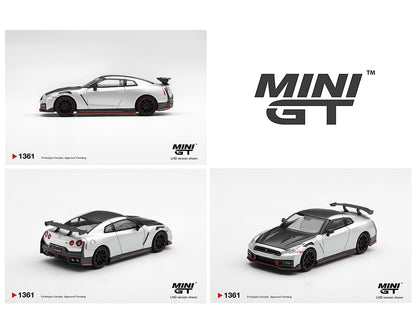 A collage showing three views of a silver and black Nissan GT-R model car with the MINI GT logo on a white background. The top-left view shows the side profile, the bottom-left shows the rear three-quarter view, and the bottom-right shows the front three-quarter view.