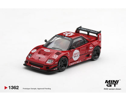 MINI GT 1:64 Liberty Walk LB-WORKS Mazda AZ-1 in red with black wheels, Liberty Walk racing graphics, number 58, and a large rear wing, shown from a front three-quarter angle.