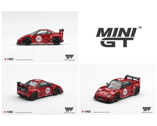 MINI GT 1:64 Liberty Walk LB-WORKS Mazda Az-1 in red, featuring black wheels, a large rear wing, and Liberty Walk racing graphics, shown from side, rear three-quarter, and front three-quarter angles. Product number MGT01362