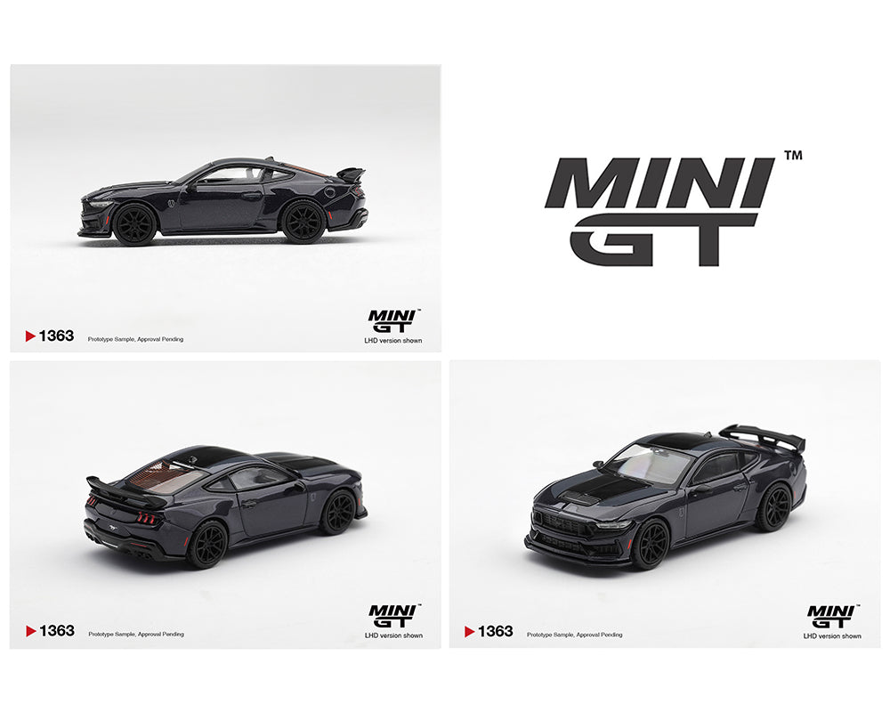 Three views of a black Mini GT diecast model car on a white background, with the Mini GT logo in the top right. The views show the side, rear, and front-three-quarter angles of the model car.
