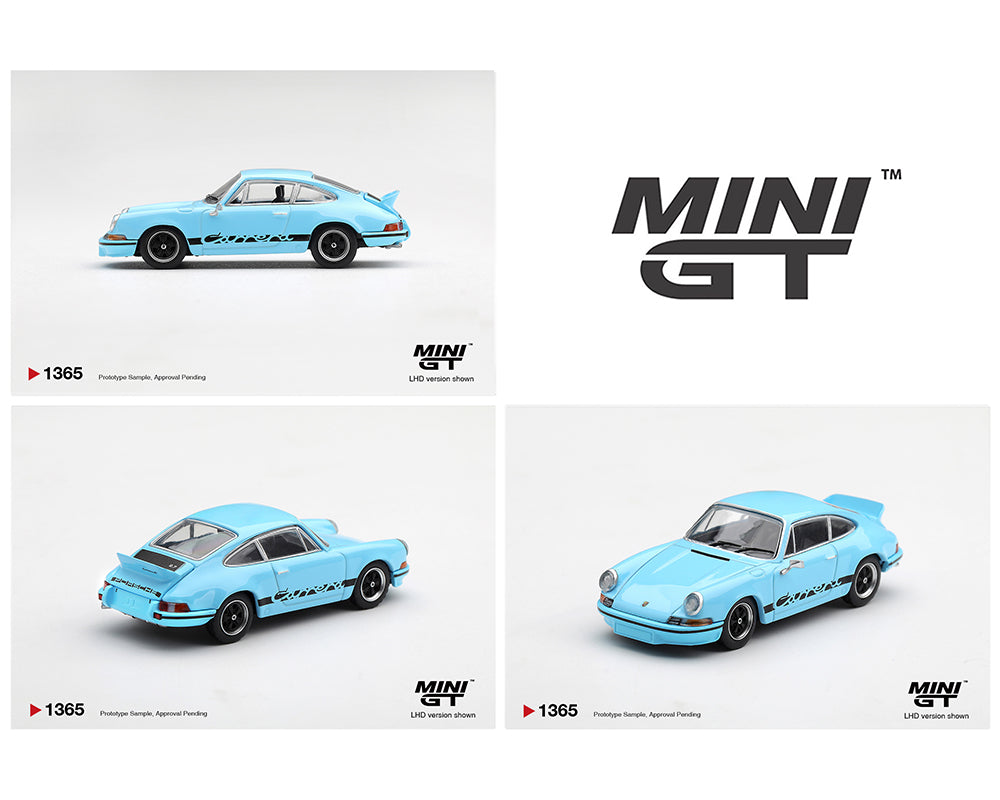 Three studio views of a light blue Mini GT model car on a white background, with the large Mini GT logo at top right and product text at bottom corners.