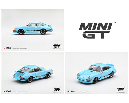Three studio views of a light blue Mini GT model car on a white background, with the large Mini GT logo at top right and product text at bottom corners.