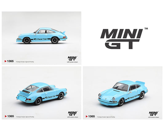 Three studio views of a light blue Mini GT model car on a white background, with the large Mini GT logo at top right and product text at bottom corners.