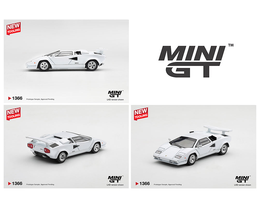 Three views of a white Mini GT toy car model on a light gray background, with the large MINI GT logo and red 'NEW TOYS!' badges. The car is shown from side, rear, and front-three-quarter angles.