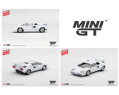 Three views of a white Mini GT toy car model on a light gray background, with the large MINI GT logo and red 'NEW TOYS!' badges. The car is shown from side, rear, and front-three-quarter angles.