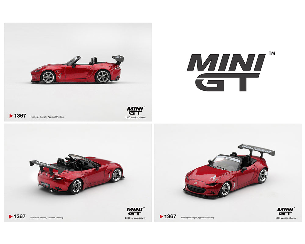 Three studio product views of a red Mini GT toy convertible sports car on a light gray background, with large black MINI GT branding at top right and small text including 1367 and Offroad Tuning. The collage shows side, rear, and front-three-quarter views of the model car.