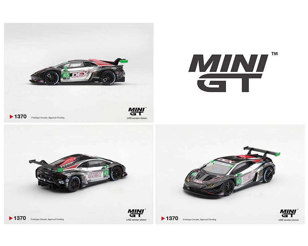 Three views of a Mini GT 1/64 scale model car on a clean white background, showing the side, front-three-quarter, and rear-three-quarter angles. The model is a Lamborghini Huracan with a black, gray, and red livery featuring green and white sponsor decals.