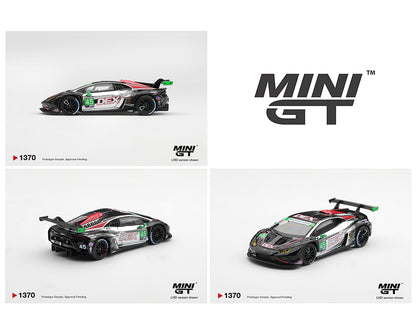 Three views of a Mini GT 1/64 scale model car on a clean white background, showing the side, front-three-quarter, and rear-three-quarter angles. The model is a Lamborghini Huracan with a black, gray, and red livery featuring green and white sponsor decals.