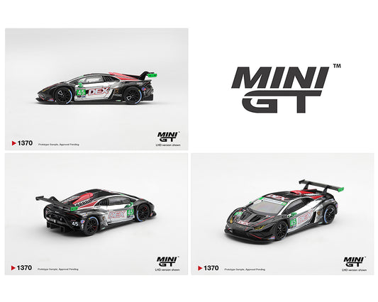 Three views of a Mini GT 1/64 scale model car on a clean white background, showing the side, front-three-quarter, and rear-three-quarter angles. The model is a Lamborghini Huracan with a black, gray, and red livery featuring green and white sponsor decals.