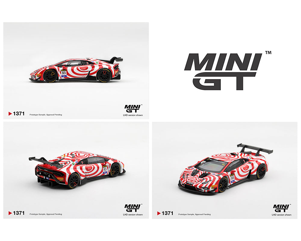 A product collage showing a Mini GT diecast model car from three angles on a white background, alongside the Mini GT logo. The car features a distinctive red and white spiral swirl pattern on its bodywork, black wheels, and a black rear wing.