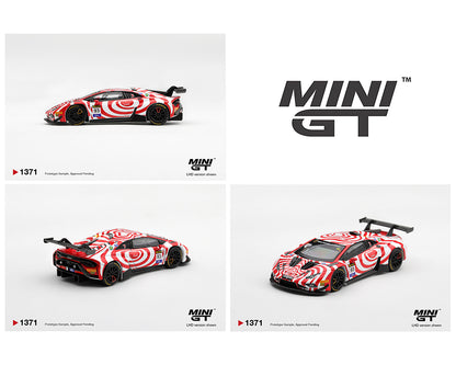A product collage showing a Mini GT diecast model car from three angles on a white background, alongside the Mini GT logo. The car features a distinctive red and white spiral swirl pattern on its bodywork, black wheels, and a black rear wing.
