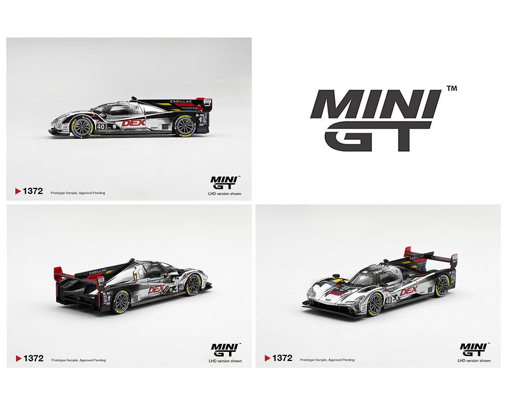Three studio views of a Mini GT die-cast model race car on a light gray background, with the Mini GT logo shown prominently. The car is primarily black and silver with red, yellow, and white decals.