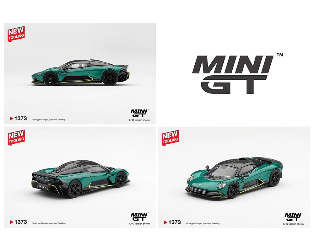 Three views of a green and black Mini GT diecast model car on a white background, with the Mini GT logo and 'NEW TOOLAND' badges.