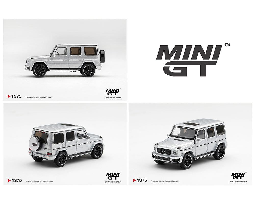 A collage showing a silver Mini GT model car from three angles on a white background, with the Mini GT logo prominently displayed in the upper right.