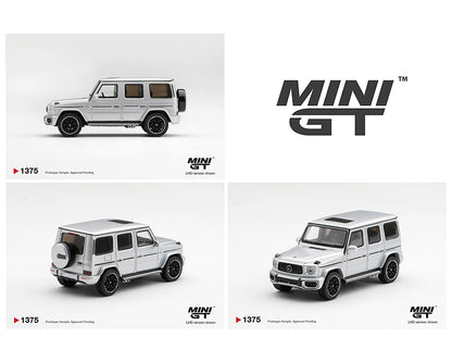 A collage showing a silver Mini GT model car from three angles on a white background, with the Mini GT logo prominently displayed in the upper right.