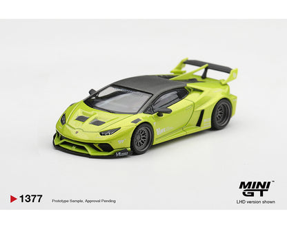 Mini GT 1:64 Lamborghini Huracán LB-Silhouette WORKS GT lime green MGT01377-BL diecast model with widebody kit and rear wing, front three-quarter view.