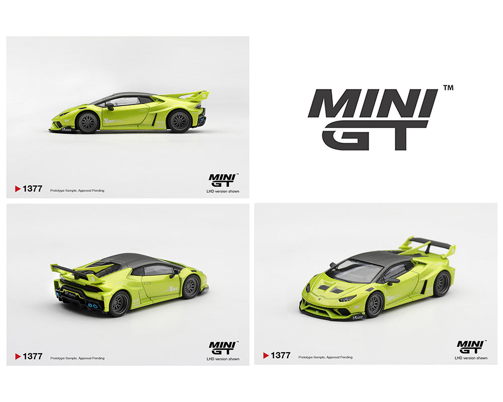 Mini GT 1:64 Lamborghini Huracán LB-Silhouette WORKS GT lime green MGT01377-BL diecast model shown from side, rear and front three-quarter angles.