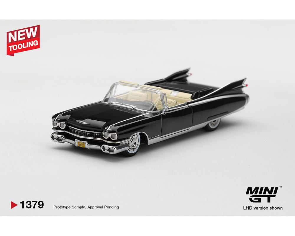 Mini GT 1:64 Cadillac Eldorado Biarritz Convertible Black MGT01379-BL diecast model with cream interior, front three-quarter view.