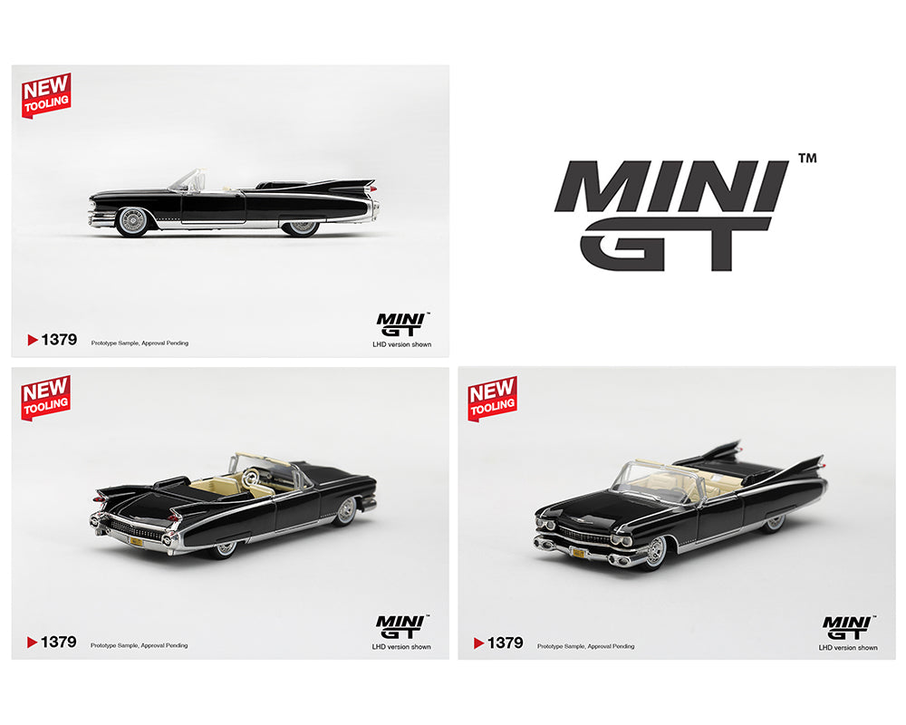 Mini GT 1:64 Cadillac Eldorado Biarritz Convertible Black MGT01379-BL diecast model with cream interior, shown from side, rear and front three-quarter angles.