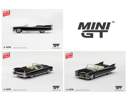 Mini GT 1:64 Cadillac Eldorado Biarritz Convertible Black MGT01379-BL diecast model with cream interior, shown from side, rear and front three-quarter angles.