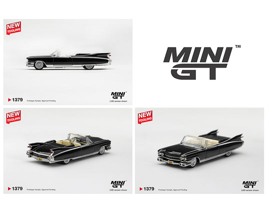 Mini GT 1:64 Cadillac Eldorado Biarritz Convertible Black MGT01379-BL diecast model with cream interior, shown from side, rear and front three-quarter angles.