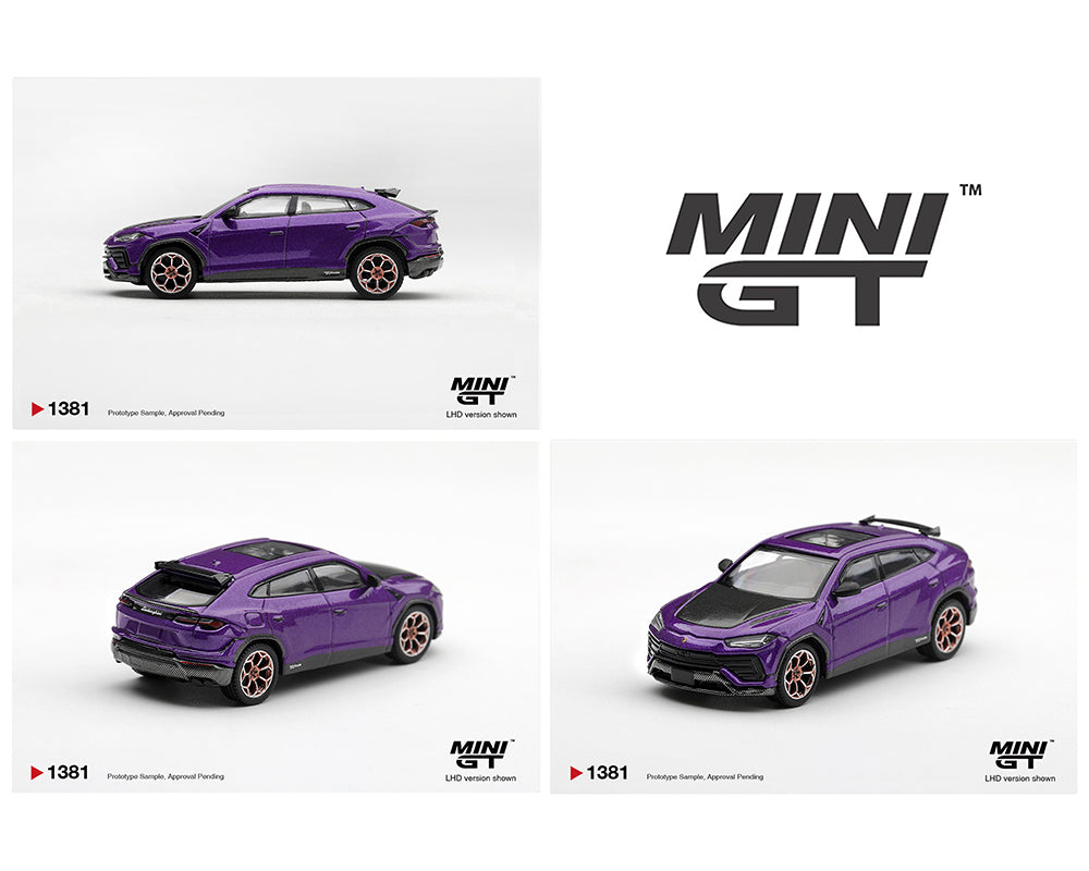 Mini GT 1:64 Lamborghini Urus Performante Purple MGT01381-BL diecast model with carbon fiber details and bronze wheels, shown from side, rear and front three-quarter angles.