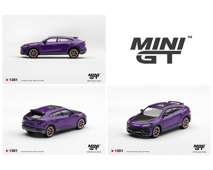 Mini GT 1:64 Lamborghini Urus Performante Purple MGT01381-BL diecast model with carbon fiber details and bronze wheels, shown from side, rear and front three-quarter angles.