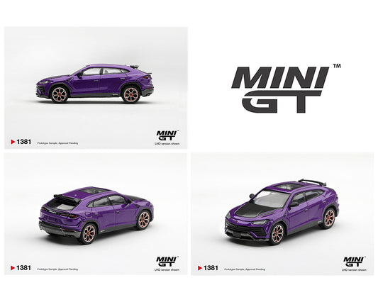 Mini GT 1:64 Lamborghini Urus Performante Purple MGT01381-BL diecast model with carbon fiber details and bronze wheels, shown from side, rear and front three-quarter angles.