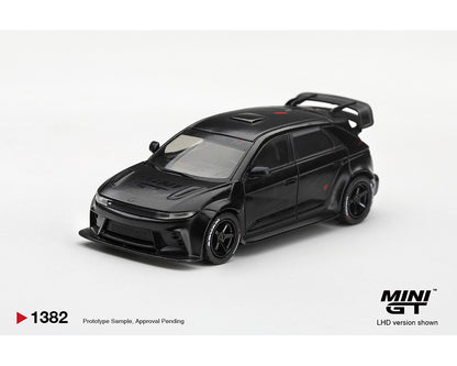 Mini GT 1:64 Honda Civic Type R FL5 Black MGT01382-BL diecast model with black wheels and large rear wing, front three-quarter view.
