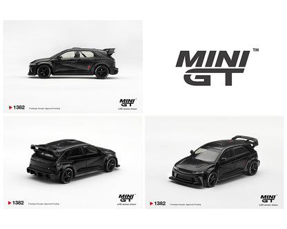 Mini GT 1:64 Honda Civic Type R FL5 Black MGT01382-BL diecast model with black wheels and large rear wing, shown from side, rear and front three-quarter angles.