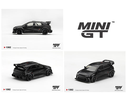 Mini GT 1:64 Honda Civic Type R FL5 Black MGT01382-BL diecast model with black wheels and large rear wing, shown from side, rear and front three-quarter angles.