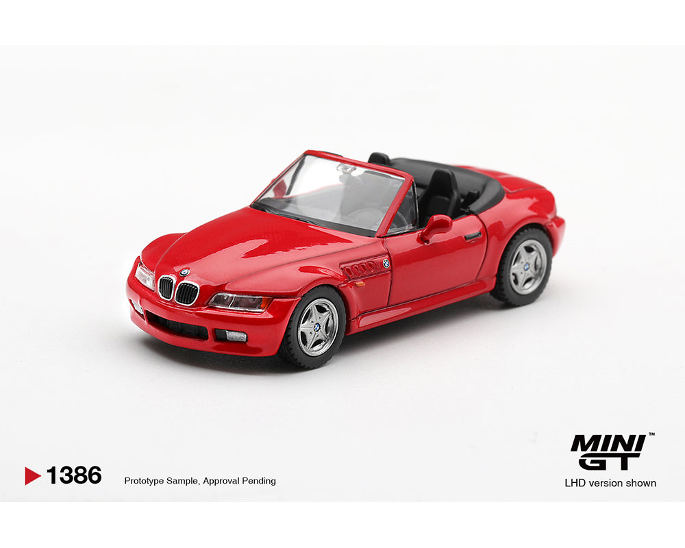 Mini GT 1:64 BMW Z3 RHellrot Red MGT01386-BL diecast model with black interior, shown from side, front and rear angles.