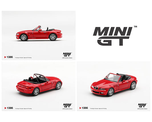 Mini GT 1:64 BMW Z3 Hellrot Red MGT01386-BL diecast model with black interior, front three-quarter view.