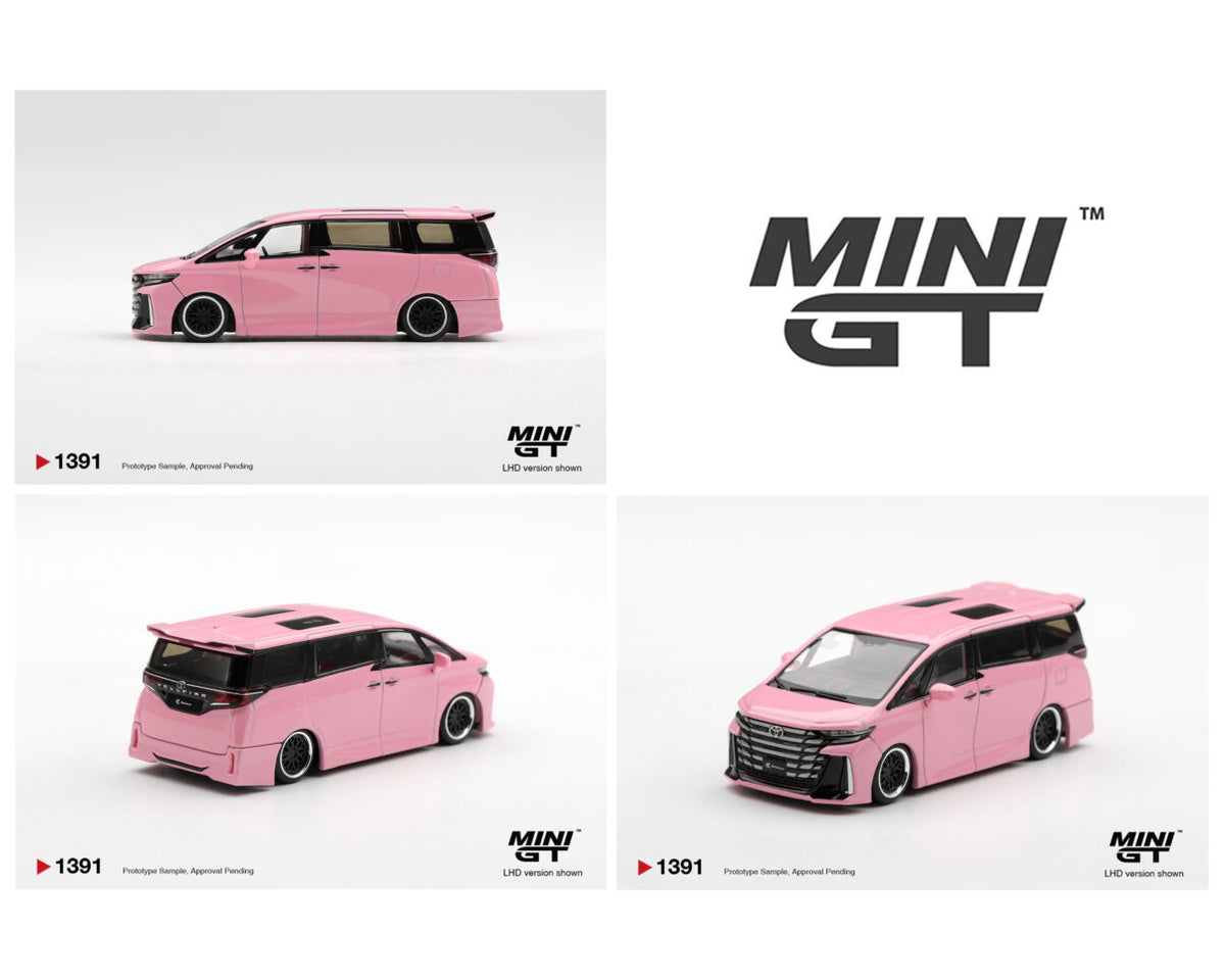 MINI GT 1:64 Toyota Alphard pink custom diecast model MGT01391 with lowered stance, black wheels, sunroof and aero body kit, multiple views