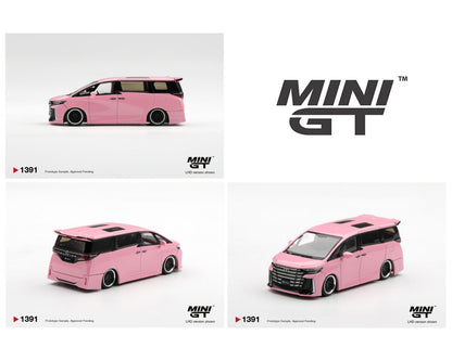 MINI GT 1:64 Toyota Alphard pink custom diecast model MGT01391 with lowered stance, black wheels, sunroof and aero body kit, multiple views