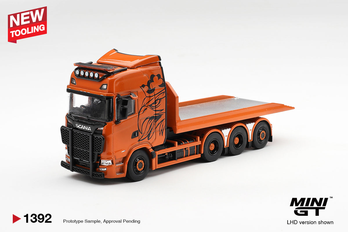 MINI GT 1:64 Scania orange flatbed recovery truck diecast model MGT01392 with black front bull bar, roof lights, custom graphics and flat loading bed