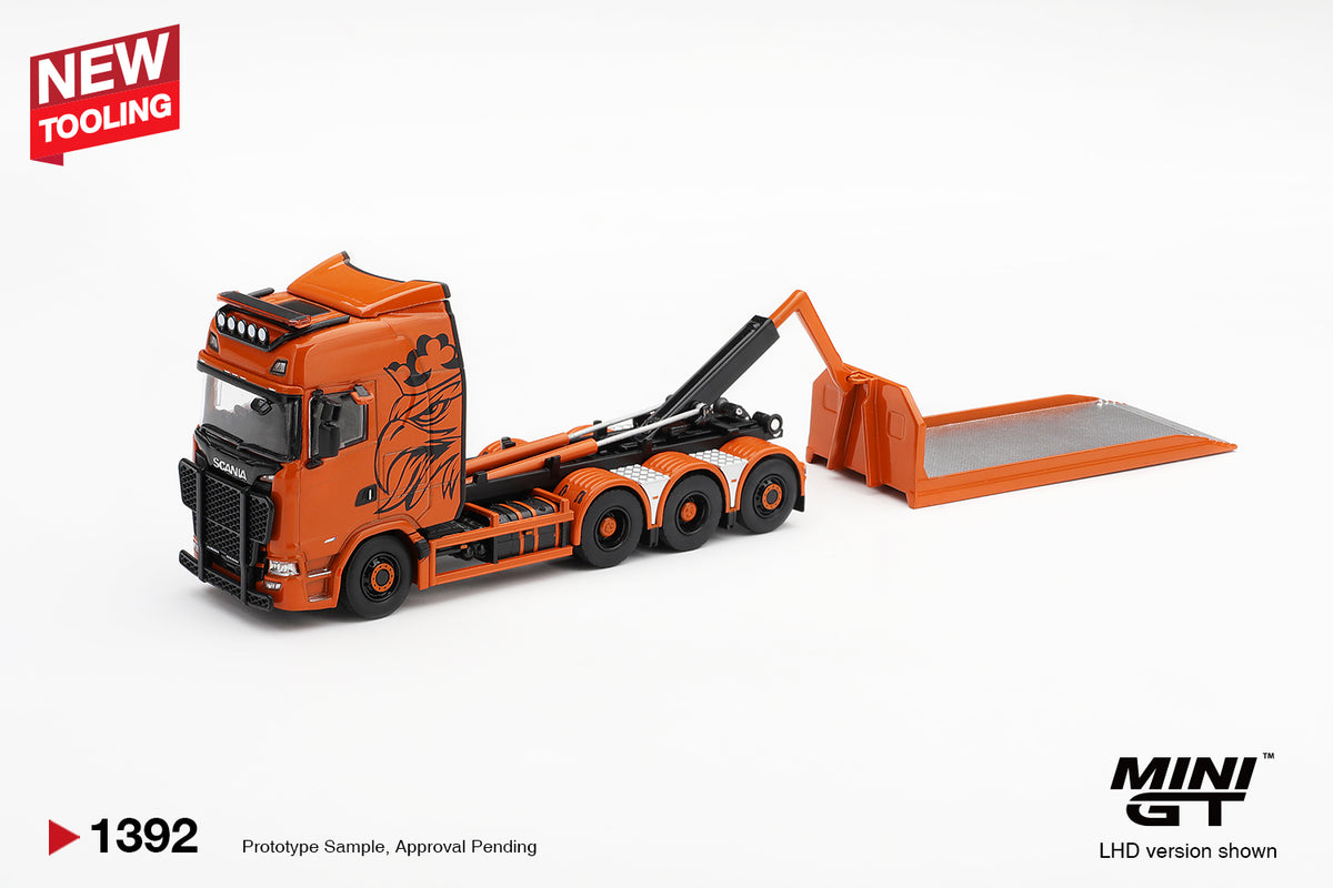 MINI GT 1:64 Scania orange flatbed recovery truck diecast model MGT01392 with removable tilting loading bed, black custom graphics and detailed hydraulic system
