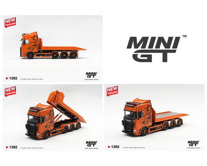 MINI GT 1:64 Scania orange flatbed recovery truck diecast model MGT01392 with tilting loading bed, custom black graphics and new tooling, multiple views